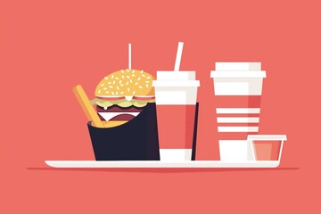 Convenient minimalist fast food delivery concept with burger. Fries. And drinks takeaway service. Illustrated with icons for online ordering and catering. Coffee. And meals
