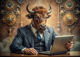 Business concept. Hyper realistic animal character Bison, adult, in a business suit, working at a laptop. Allegory concept in business. Generation of AI - 789684662