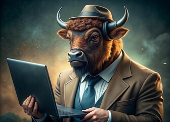Business concept. Hyper realistic animal character Bison, adult, in a business suit, working at a laptop. Allegory concept in business. Generation of AI - 789684663
