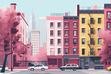 Obraz premium Serene and peaceful pastel downtown cityscape illustration with minimalist design and colorful buildings