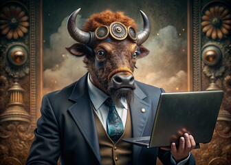 Business concept. Hyper realistic animal character Bison, adult, in a business suit, working at a laptop. Allegory concept in business. Generation of AI - 789684671