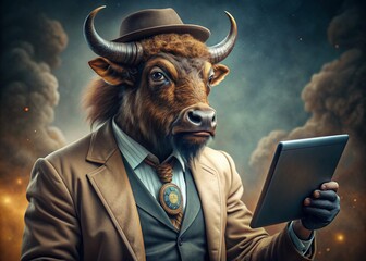 Business concept. Hyper realistic animal character Bison, adult, in a business suit, working at a laptop. Allegory concept in business. Generation of AI - 789684677