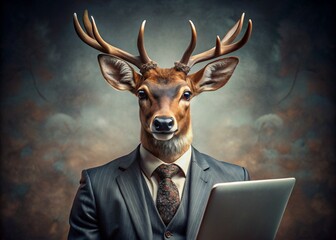 Business concept. Hyper realistic animal character Deer, adult, in a business suit, working at a laptop. Allegory concept in business. Generation of AI - 789684684