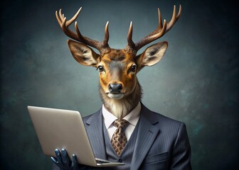 Business concept. Hyper realistic animal character Deer, adult, in a business suit, working at a laptop. Allegory concept in business. Generation of AI