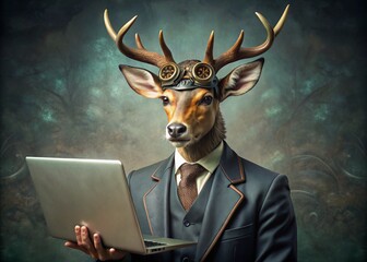 Business concept. Hyper realistic animal character Deer, adult, in a business suit, working at a laptop. Allegory concept in business. Generation of AI - 789684699