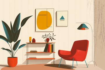 Artistic illustration of a cozy minimalist living room with stylish furniture and decor