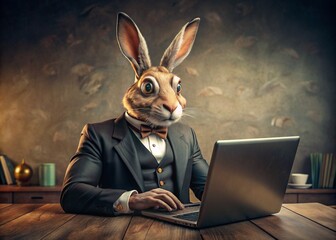 Business concept. Hyper-realistic animal character Rabbit, adult, in a business suit, working at a laptop. Allegory concept in business. Generation of AI - 789684816