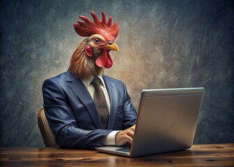 Business concept. Hyper-realistic animal character Rooster, adult, in a business suit, working at a laptop. Allegory concept in business. Generation of AI - 789684817