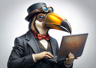 Business concept. Hyper-realistic character of a Toucan bird, an adult, in a business suit, working at a laptop. Allegory concept in business. Generation of AI - 789684825