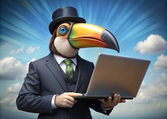 Business concept. Hyper-realistic character of a Toucan bird, an adult, in a business suit, working at a laptop. Allegory concept in business. Generation of AI - 789684848