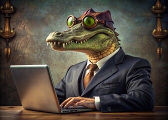 Business concept. Hyper-realistic character Crocodile, adult, in a business suit, working at a laptop. Allegory concept in business. Generation of AI - 789684865