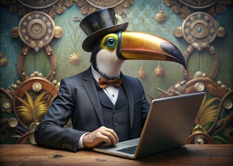 Business concept. Hyper-realistic character of a Toucan bird, an adult, in a business suit, working at a laptop. Allegory concept in business. Generation of AI