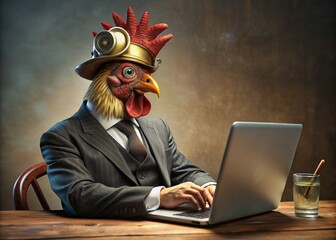 Business concept. Hyper-realistic animal character Rooster, adult, in a business suit, working at a laptop. Allegory concept in business. Generation of AI - 789684880