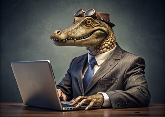 Business concept. Hyper-realistic character Crocodile, adult, in a business suit, working at a laptop. Allegory concept in business. Generation of AI - 789684882