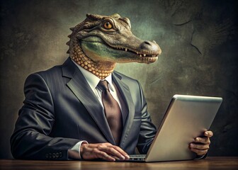 Business concept. Hyper-realistic character Crocodile, adult, in a business suit, working at a laptop. Allegory concept in business. Generation of AI - 789684883