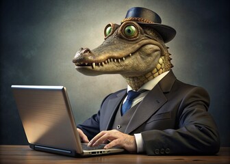 Business concept. Hyper-realistic character Crocodile, adult, in a business suit, working at a laptop. Allegory concept in business. Generation of AI - 789684899