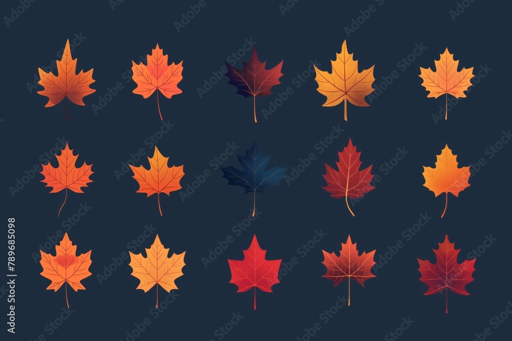 Poster vibrant array of minimalist maple leaves in rich autumn colors set against a dark background for a s