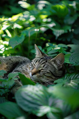Naklejka na ściany i meble A cat is laying down in the middle of a dense, green forest surrounded by trees and foliage