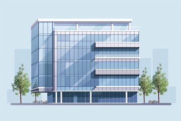 Minimalist and modern digital illustration of a contemporary corporate office building with glass facade in an urban environment. Featuring eco-friendly elements such as trees and bicycles - obrazy, fototapety, plakaty