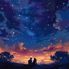 Fototapeta na wymiar Create a beautiful scene of two lovers stargazing together in the night sky