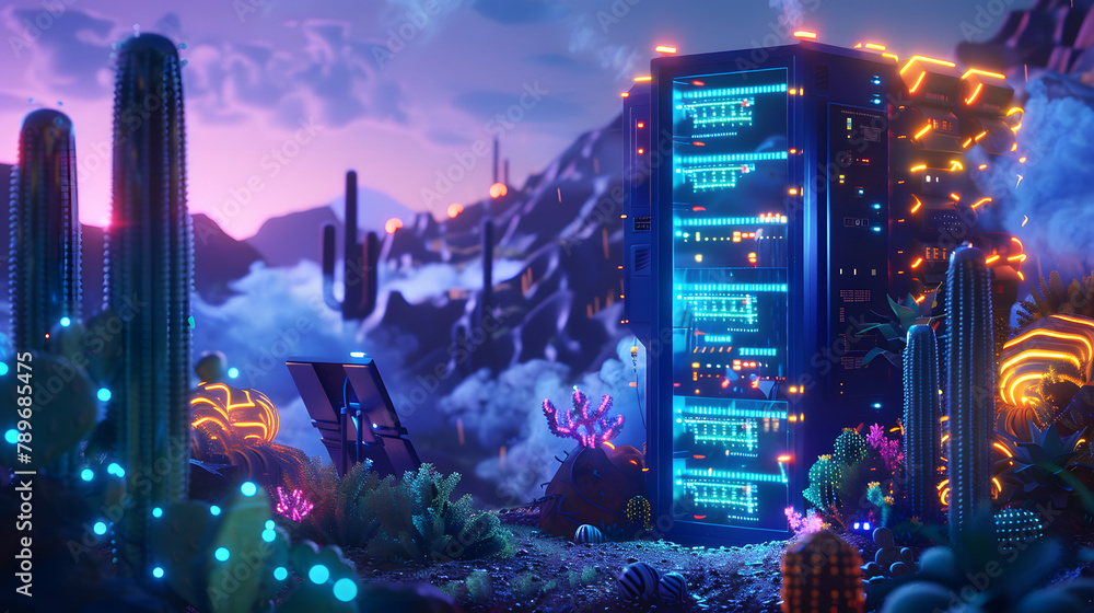 Poster An IT infrastructure with nuclear reactors and solar arrays in the panorama. enveloped by a vibrant oasis and LED-colored glows on one boundary