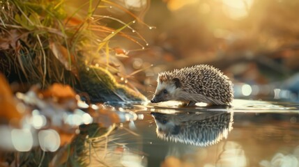 Fototapeta premium Hedgehog crossing a stream, his reflection can be seen in the water, nature background, side view, copy and text space, 16:9