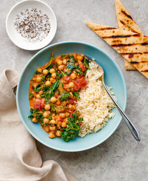 Chickpea and Kale curry served with rice