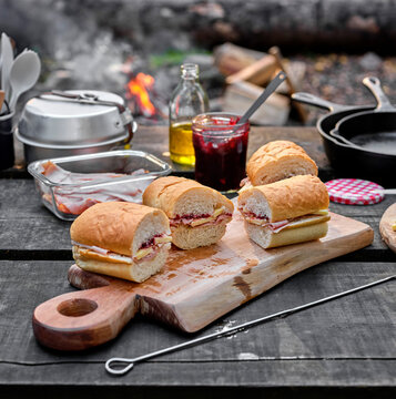 Camping food, ham and gouda sandwiches