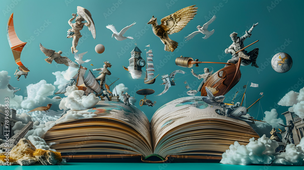 Poster an open textbook with various historical events flying out of it. representing the study of history.