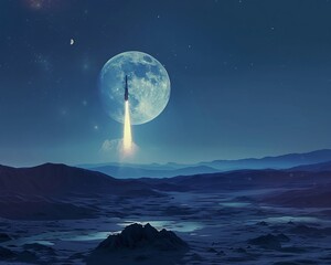 Show a serene moonlit landscape with a spaceship launching into the unknown depths of space