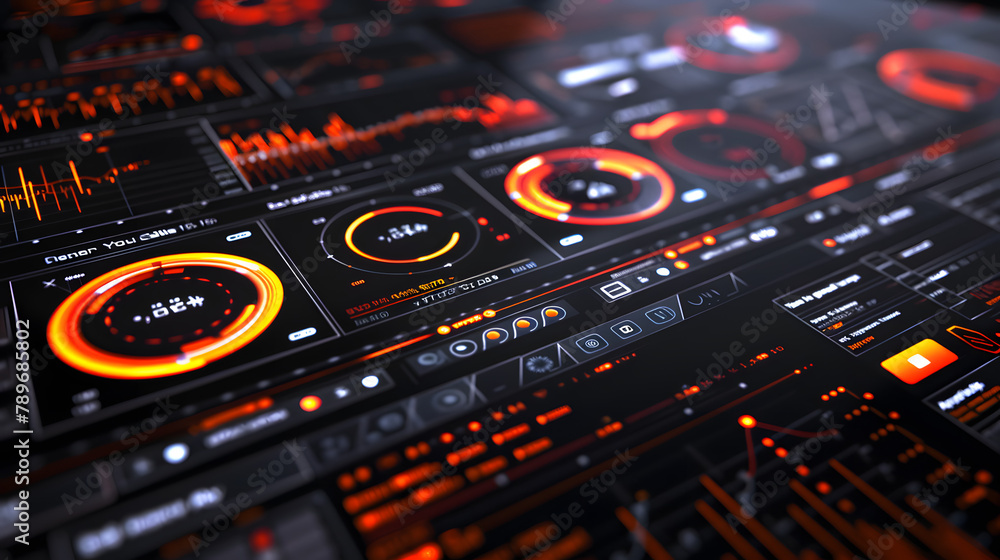 Poster an ultramodern radiant display of data and layouts. with digital touchpoints shimmering in the black