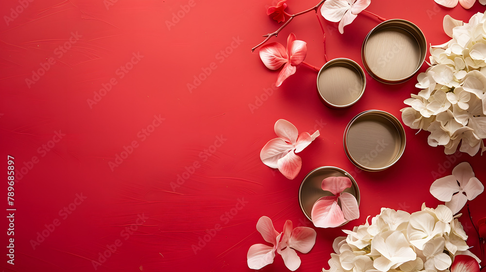 Poster attractive hydrangeas and gift tins on a red background with room for text. illustrating a wedding d