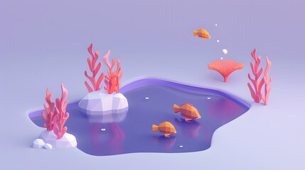 Fototapeta na wymiar An underwater scene with fish swimming around. 3D isometric style