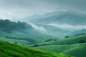 : A panoramic view of rolling hills shrouded in mist and a steady downpour, the greenery vibrant against the grey sky