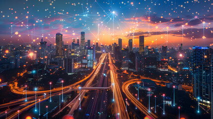 An urban horizon at twilight with high-rises and crowded roads. interconnected by luminous data links that construct a detailed matrix of tech and creativity