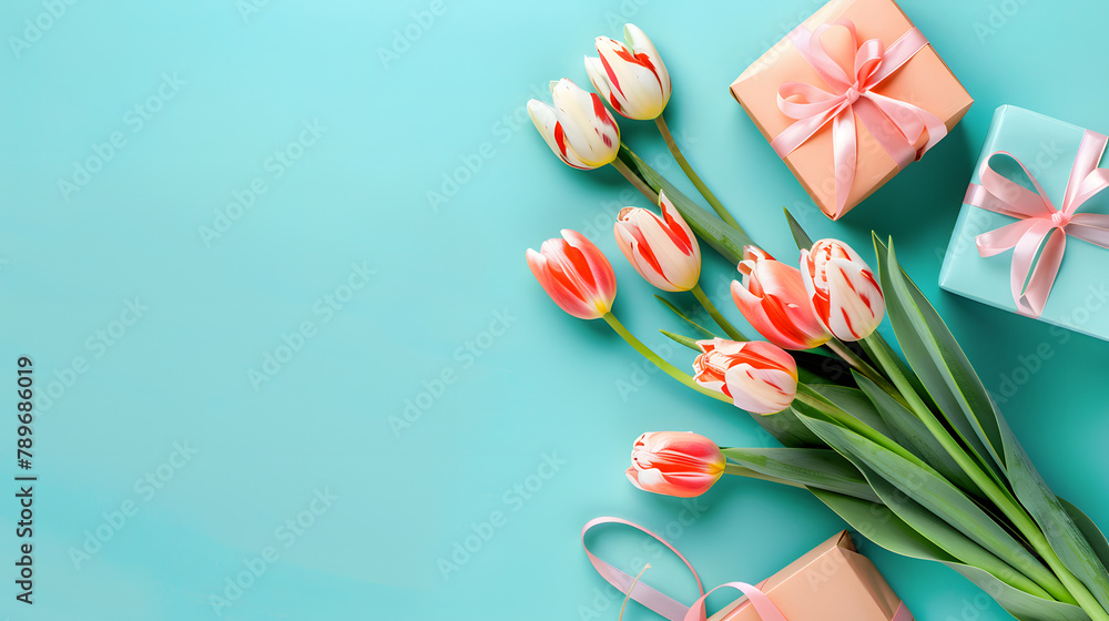 Poster beautiful tulips and gift boxes on a turquoise background with copy space for text. depicting a happ