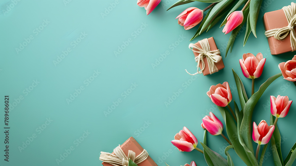 Poster beautiful tulips and gift boxes on a turquoise background with copy space for text. depicting a happ