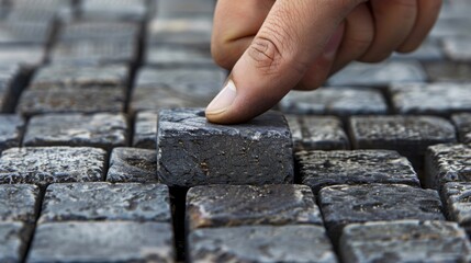 A person pushing a small block of stone on top of another, AI
