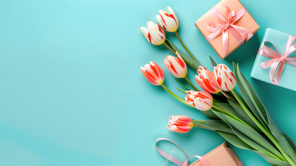 Beautiful tulips and gift boxes on a turquoise background with copy space for text. depicting a Happy Mother's Day concept. Shown in a flat lay style from a top view