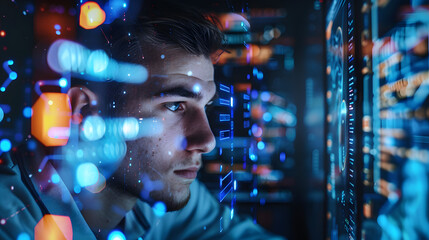 Big data. Digital advancement. Systems analyst using a desktop computer with AI. information security