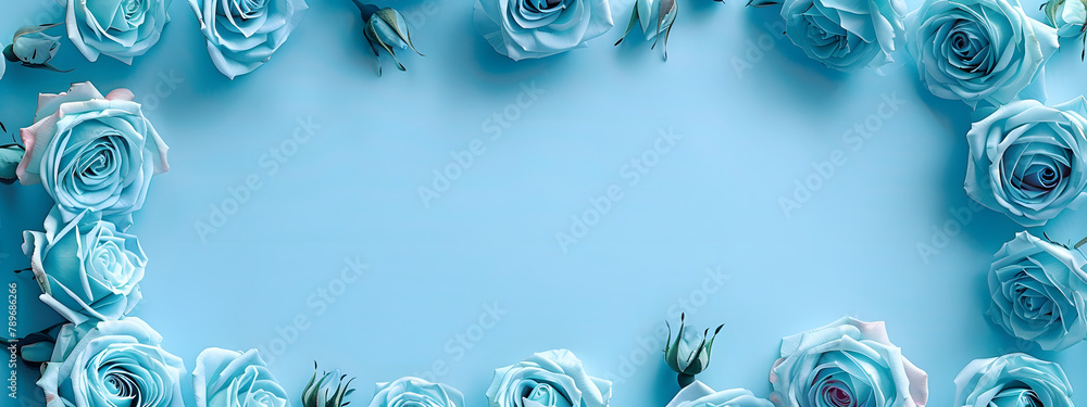 Poster blue roses border a frame on a blue background with copy space. in a flat lay top view