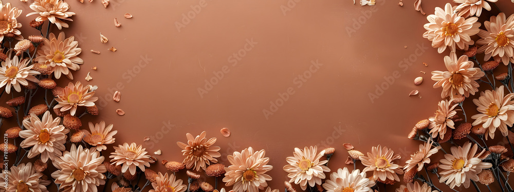 Poster brown chrysanthemums border a frame on a brown background with copy space. in a flat lay top view