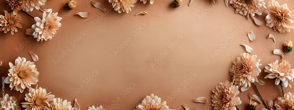Poster brown chrysanthemums border a frame on a brown background with copy space. in a flat lay top view