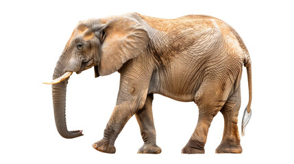 An elephant with tusks is walking on a plain white background