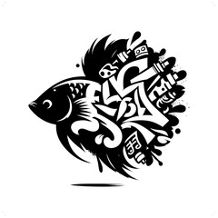 Betta Fish silhouette, animal graffiti tag, hip hop, street art typography illustration.