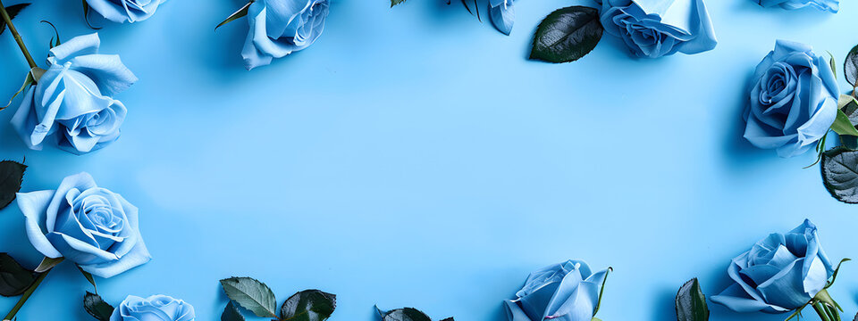 Blue roses border a frame on a blue background with copy space. in a flat lay top view