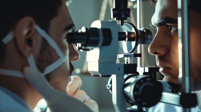 A side view of an optometrist examining a patients eyes with a magnifying glass the scales of justice hovering in the background as a visual representation of the ethical responsibility .