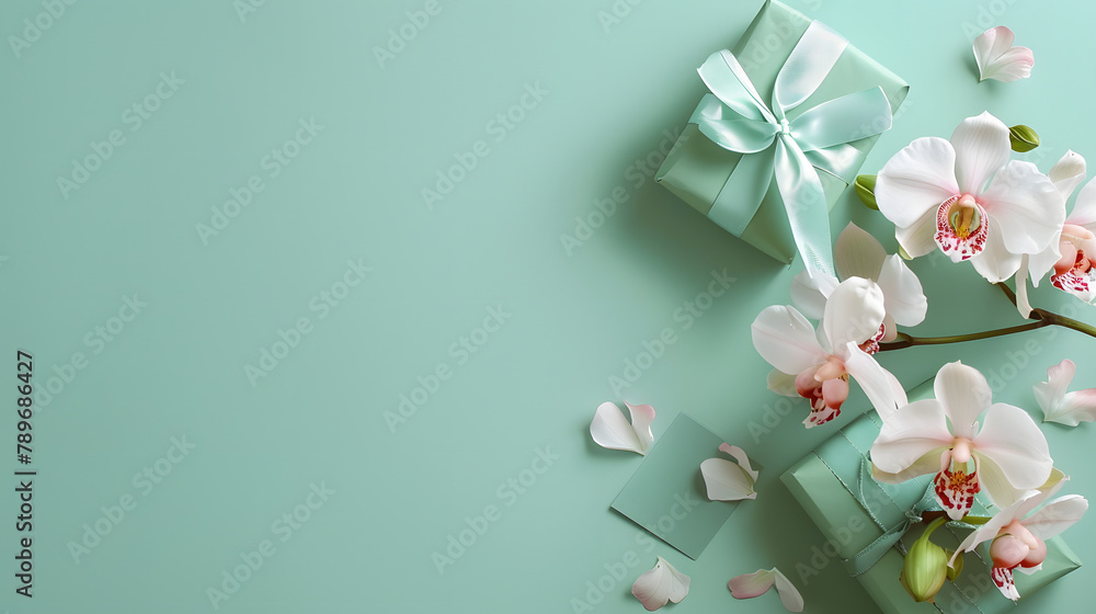 Poster charming orchids and gift cards on a green background with space for text. representing a graduation