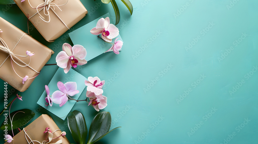 Poster charming orchids and gift cards on a green background with space for text. representing a graduation