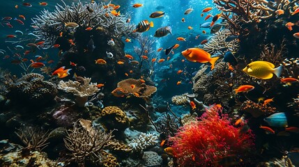 A school of colorful fish swimming among coral reefs, their vibrant hues creating a mesmerizing spectacle beneath the crystal-clear waters. - obrazy, fototapety, plakaty